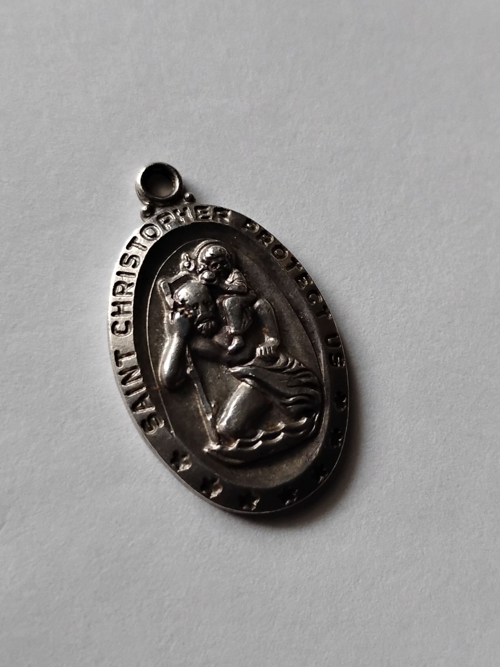 Sterling Saint Christopher Oval Pendant Medal in Silver Tone
